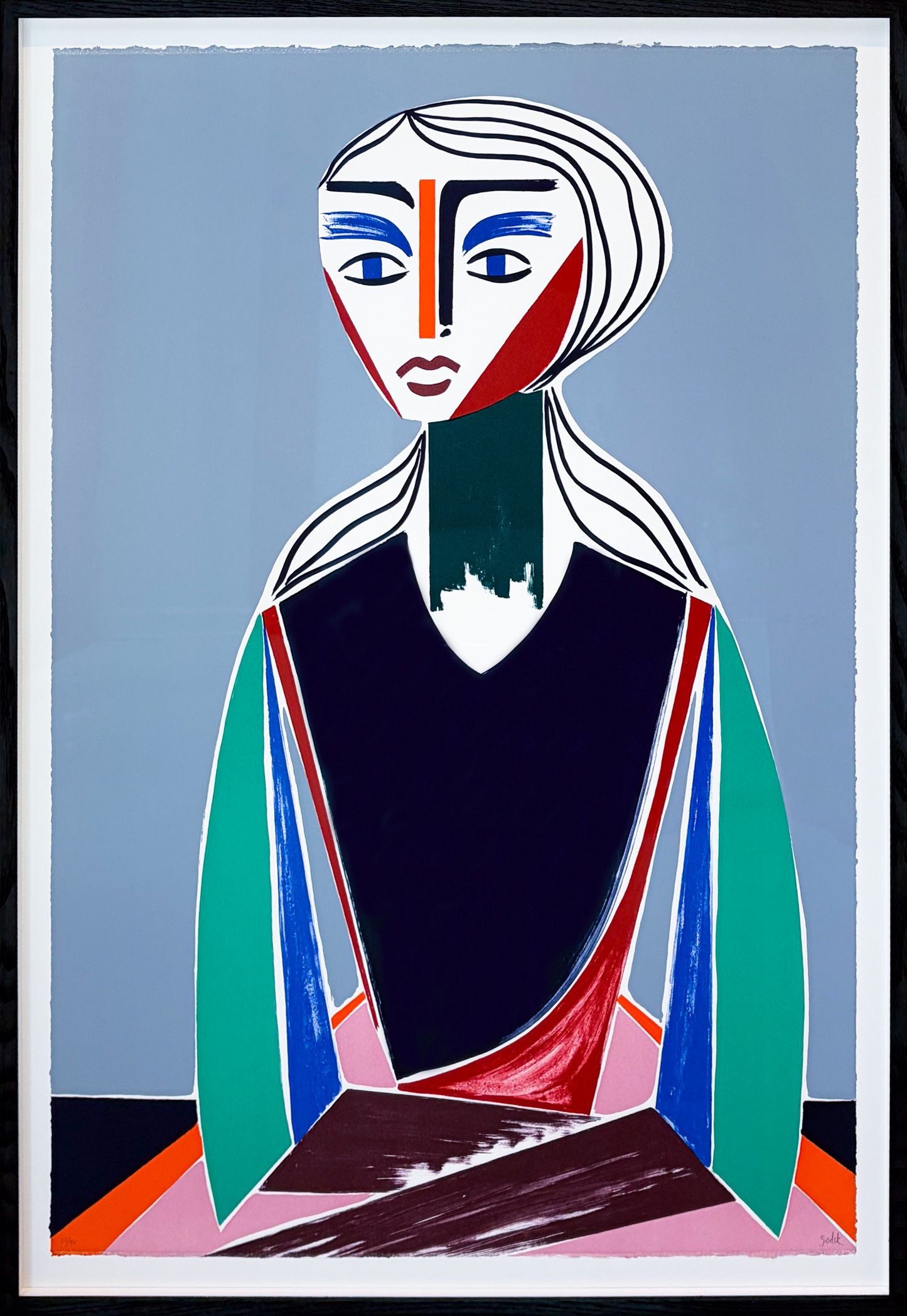 Henrik Godsk’s Young Matriarch, a stylized seated figure in blue, turquoise, red, and dark tones against a grey background.